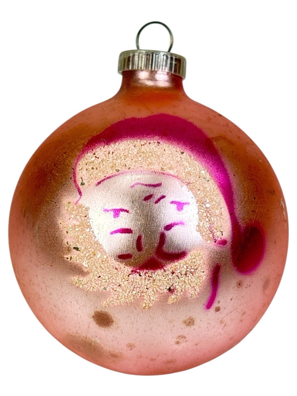 Vtg 3” Mica Santa Claus Stencil Matte Pink Glass Christmas Ornament West Germany